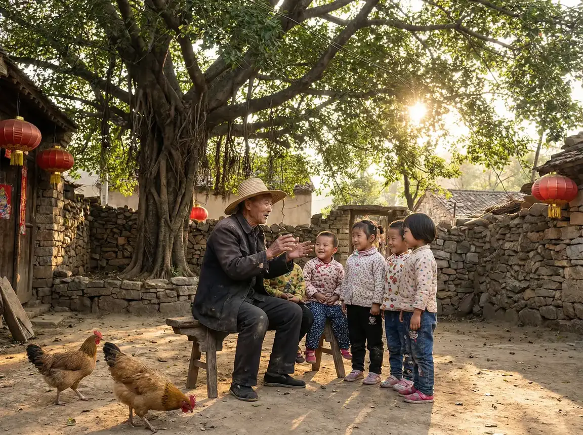 老人在大榕树下给孩子们讲故事 - 艾米加油 乡村记忆